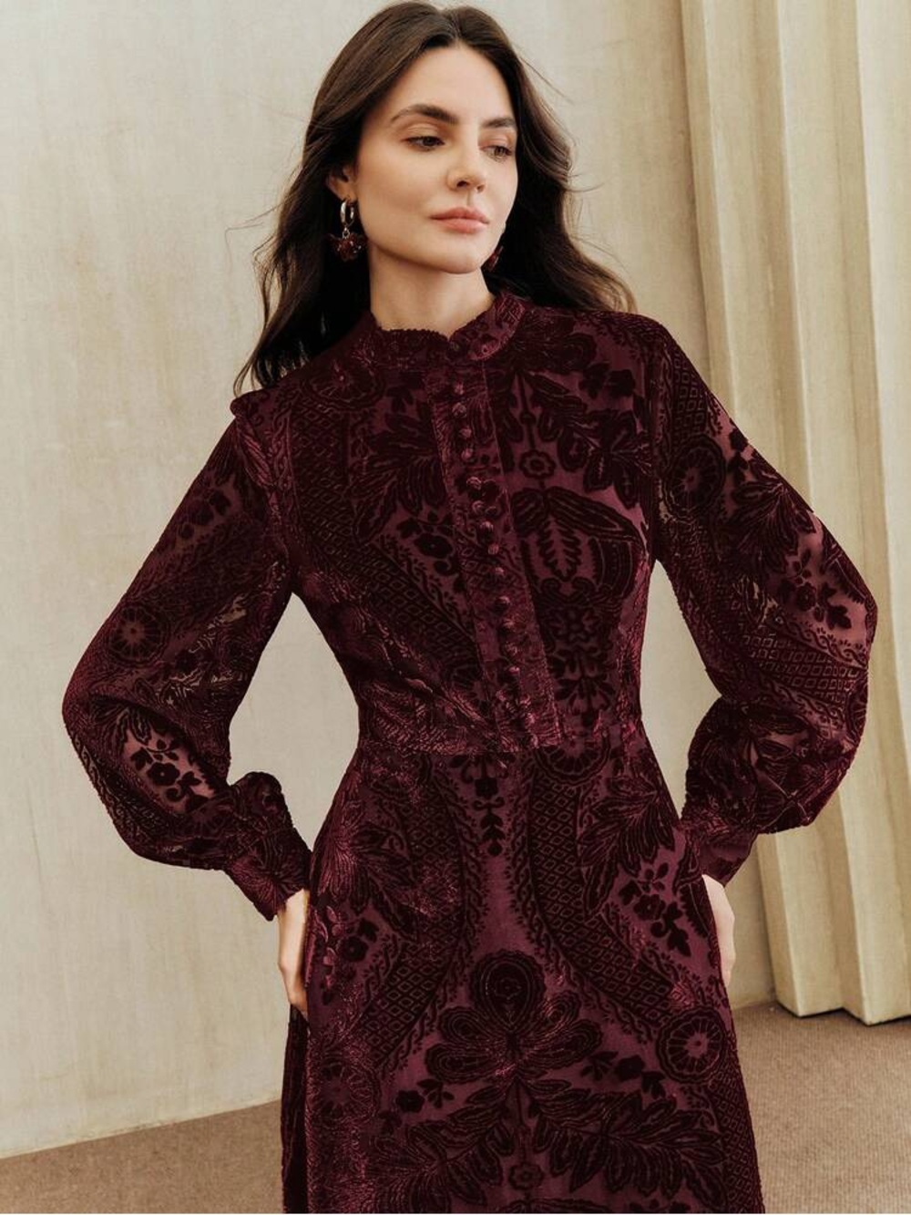 SHEIN Anewsta Burgundy Flocked Floral Embroidered Stand Collar.